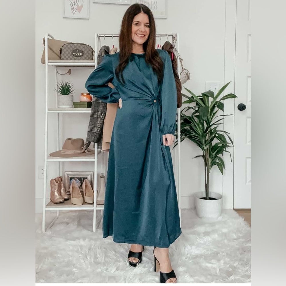 PRETTYGARDEN Satin Maxi Dress Puff Long Sleeve Crewneck Cutout  A-line Long